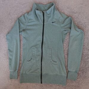 NIKE Sweater Womens S Small Green Dri-Fit Full Zip Light Weight Fitted Mock Neck